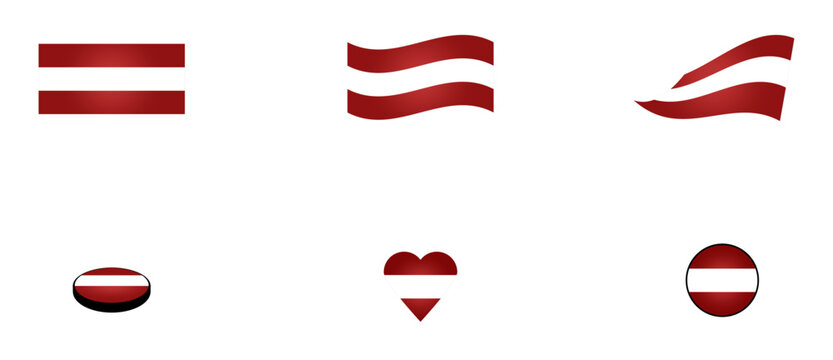 Conjunto de iconos de la bandera de Austria. S&iacute;mbolo con forma de coraz&oacute;n, boton y circular. Ilustraci&oacute;n para sitio web, app, folleto, dise&ntilde;o grafico, uso personal, locaci&oacute;n, ubicaci&oacute;n y otros.