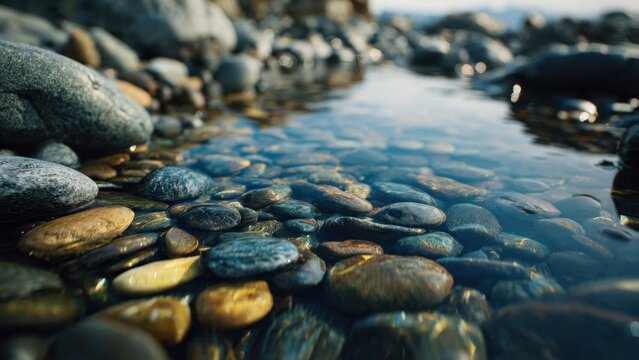 Sunlit River Rocks with Clear Water