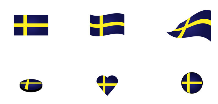 Conjunto de iconos de la bandera de Suecia. S&iacute;mbolo con forma de coraz&oacute;n, boton y circular. Ilustraci&oacute;n para sitio web, app, folleto, dise&ntilde;o grafico, uso personal, locaci&oacute;n, ubicaci&oacute;n y otros.