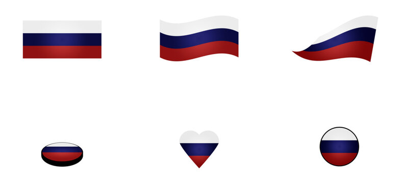 Conjunto de iconos de la bandera de Rusia. S&iacute;mbolo con forma de coraz&oacute;n, boton y circular. Ilustraci&oacute;n para sitio web, app, folleto, dise&ntilde;o grafico, uso personal, locaci&oacute;n, ubicaci&oacute;n y otros.