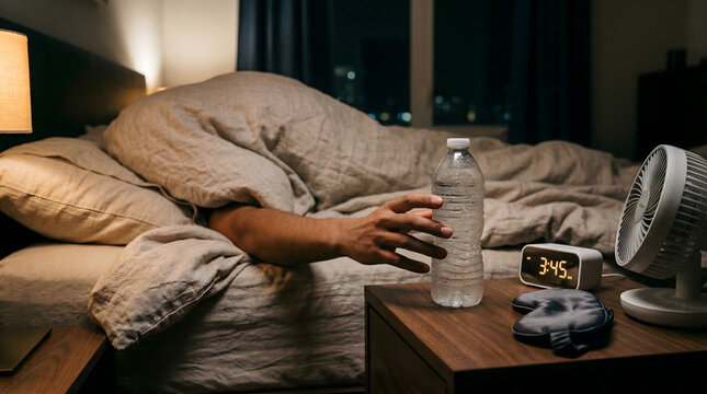 hand reaching for cold water bottle on bedside table at night with digital clock showing early morning time and cooling fan during summer heatwave insomnia and thirst concept
