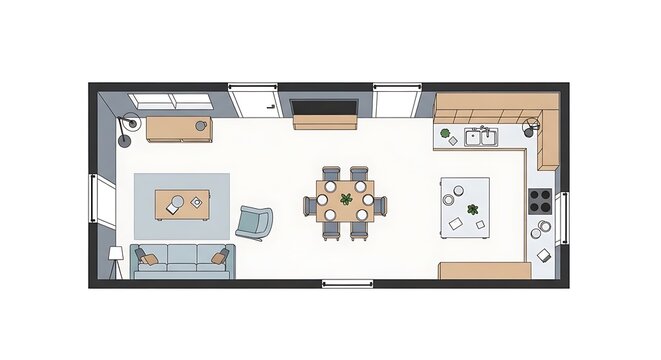 Modern open-plan living space with kitchen, dining, and lounge areas combined