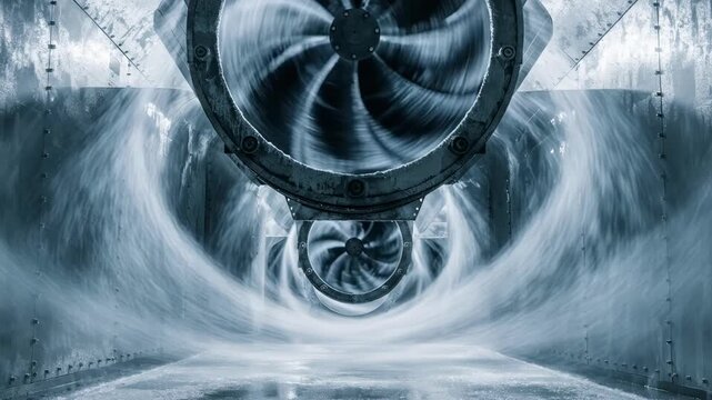 Medium shot focusing on recirculating fans inside a multizone drying kiln showing consistent airflow patterns designed to evenly dry wallboards and minimize bending.