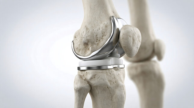 human knee joint replacement surgery concept with metal and plastic prosthetic implant on leg bones for orthopedic treatment of arthritis and chronic pain relief medical 3d render