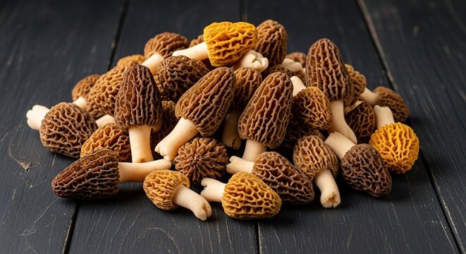 A pile of fresh, wild morel mushrooms lies scattered across a dark, rustic wooden table, highlighting their unique honeycomb texture and earthy tones, ingredients, brown, overhead