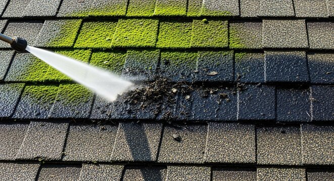 A powerful stream of water from a high-pressure nozzle cleans deep layers of moss and dark algae from old residential asphalt roof shingles, professional, home, renovation