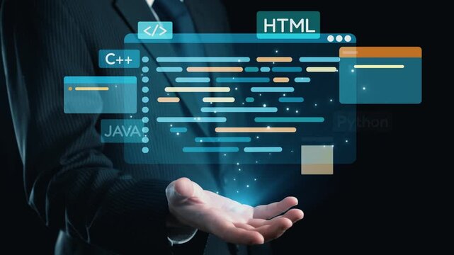 A professional businessman stands confidently, showcasing a holographic display of programming languages, symbolizing modern technology and software development skills. Qubit