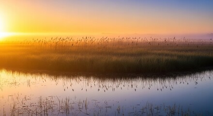 Naklejka premium A serene view of a lush fen wetland at dawn with golden light reflecting on calm water, tall reeds swaying, and a mist over the marsh, natural, light, reflection