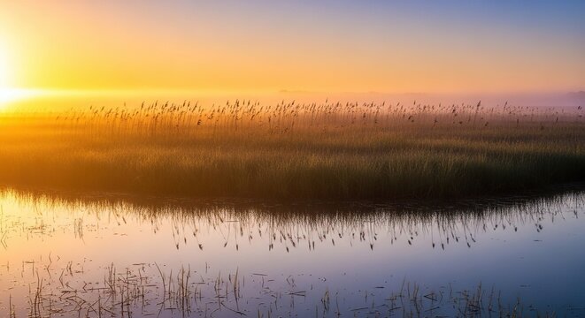 A serene view of a lush fen wetland at dawn with golden light reflecting on calm water, tall reeds swaying, and a mist over the marsh, natural, light, reflection
