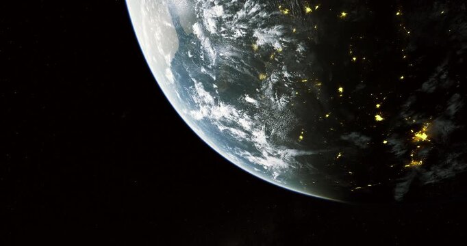 Earth is visible from outer space, highlighting continent outlines and city lights glowing against the backdrop of darkness. The image captures the planets beauty and vastness at night.