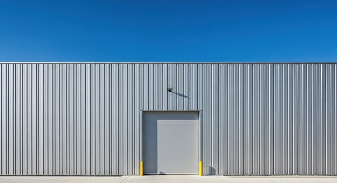 A sleek contemporary warehouse features a gray corrugated metal facade and a single large garage door, showcasing industrial minimalism, architectural, property, warehouse