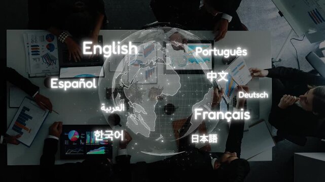 A diverse group of professionals engages in a collaborative meeting centered around a digital world map, showcasing multilingual elements and modern business strategies. Raster
