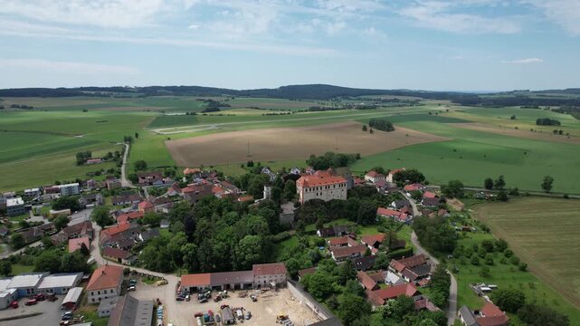 Kamen castle near Pelhrimov captured as aerial panorama historic landmark architecture in Czech countryside