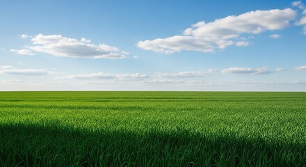 Obraz premium A sprawling emerald green meadow stretches toward the horizon under a bright blue sky filled with soft, white fluffy clouds on a summer day, beautiful, horizon, sunny
