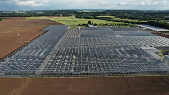 Large modern industrial greenhouses in flat landscape used for fruit and vegetable production captured as aerial panorama agriculture technology