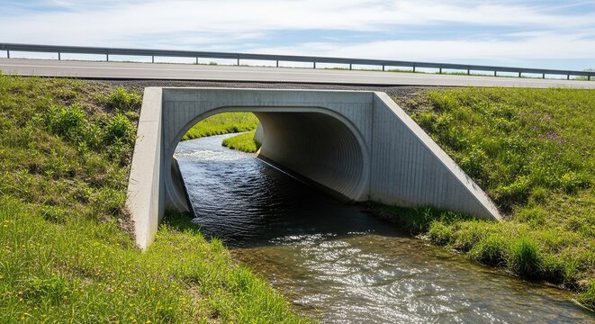 A sturdy concrete culvert directs a steady stream of fresh water beneath a paved road, ensuring effective drainage and structural stability, utility, liquid, flow