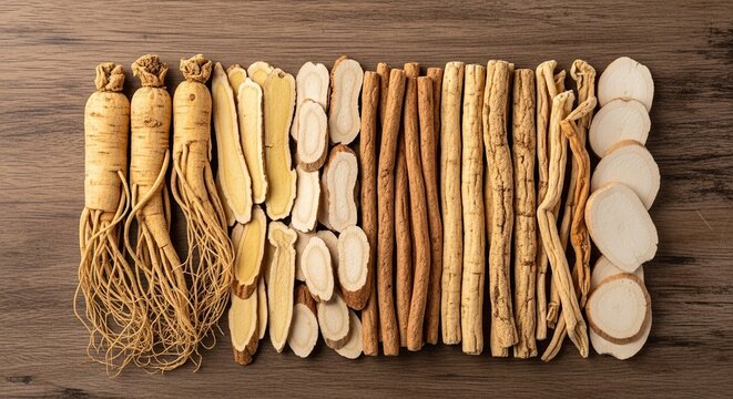 A top view of dried ginseng, codonopsis, astragalus, and white peony roots arranged closely together on a rustic brown wooden table surface, table, raw, alternative