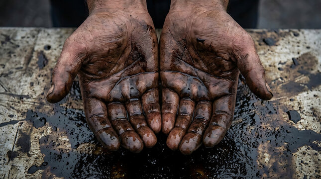 Person holds dirty hands over oil spill on industrial surface closely