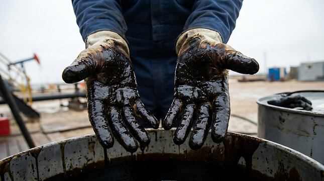 A worker shows oil covered hands in an industrial environment outdoors.