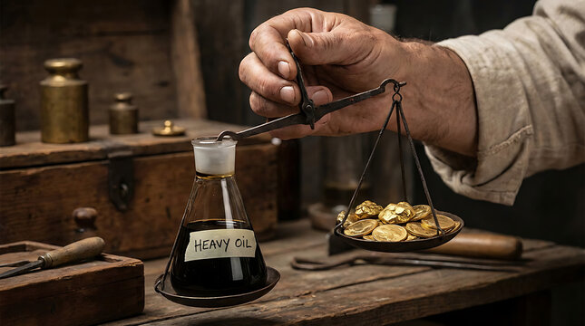 Man measuring honey oil with scale and gold coins on wooden table