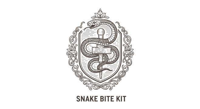 Vintage Snake Bite Kit Emblem with Serpent and Medical Symbol