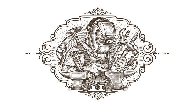 Blacksmith Welder Vintage Engraved Emblem with Tools and Anvil