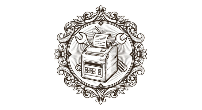 Vintage Engraved Receipt Printer Emblem with Wrench and Card