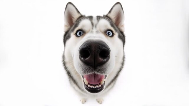 Close-up of a Siberian Husky sniffing a camera lens with a fisheye effect. Funny dog looking into the camera on a white background. Looping video of a curious pet