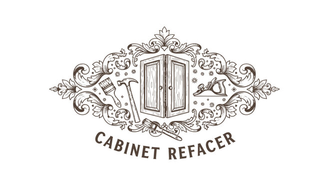 Vintage Cabinet Refacer Logo - Engraved Tools and Ornate Frame
