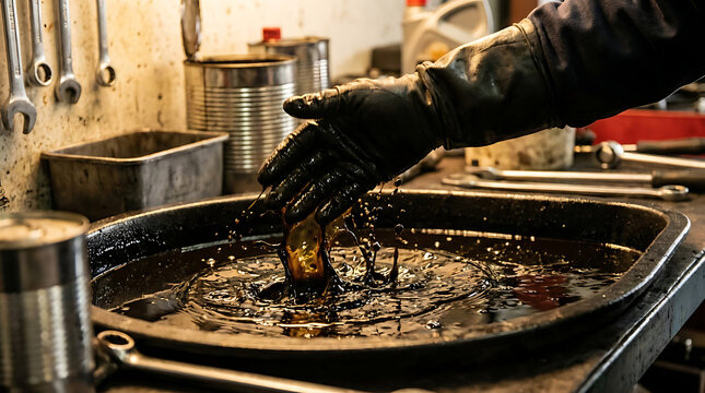 A gloved hand pours oil into a dirty frying pan in a kitchen