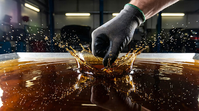 A gloved hand pours oil into a large container causing a splash.