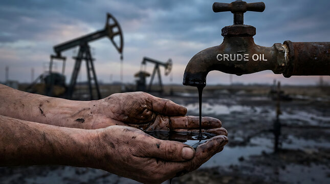 A person's hands are covered in crude oil from a dripping faucet with oil pumps in the background.