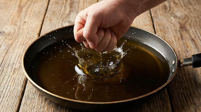 A hand drops a piece of food into hot oil in a pan on a wooden table.