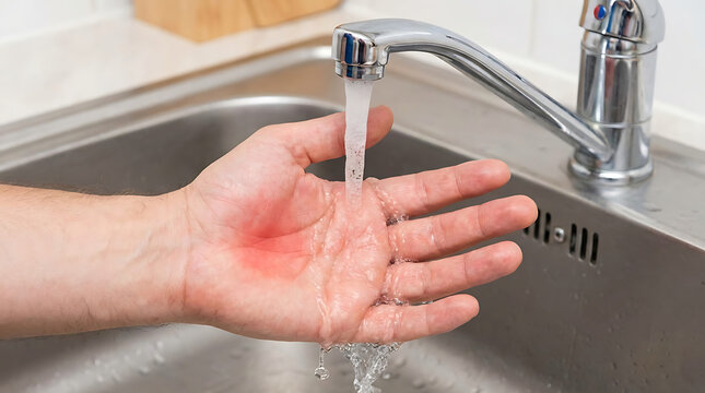 A person washes their injured hand under a running faucet in a sink