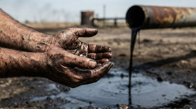 A pair of hands covered in oil are held out in front of a leaking pipe on a muddy industrial site.