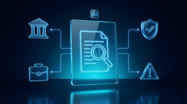 Cyber security and financial compliance concept with 3D glass document icon being scanned by magnifying glass with icons for banking law risk protection and digital business data