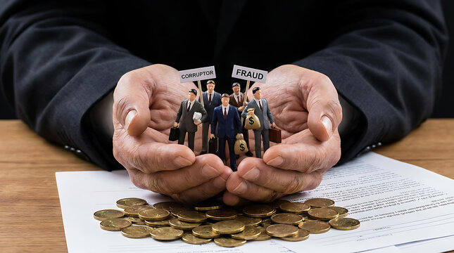 Businessman holds miniature people and coins on document at desk