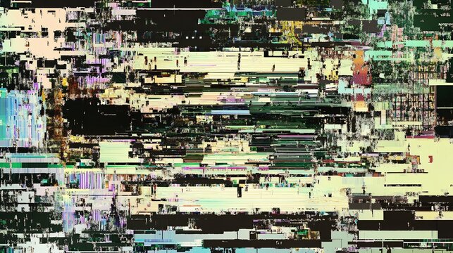 Glitchy digital world with chaotic distorted pixels and screens