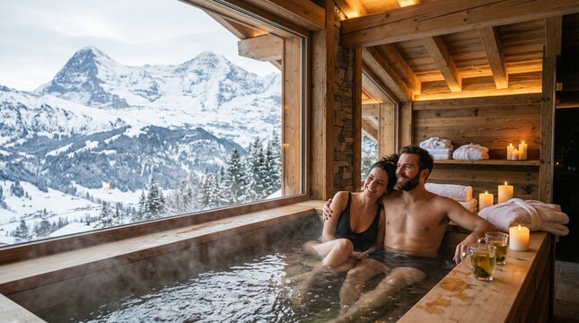 Couple Relaxing in Luxury Winter Spa with Snow Mountain View &ndash; Romantic Wellness Retreat