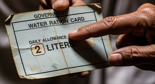 Man holding government water ration card indicating daily allowance of two liters. Humanitarian crisis and water shortage concept. Survival during climate disaster and emergency resource distribution.