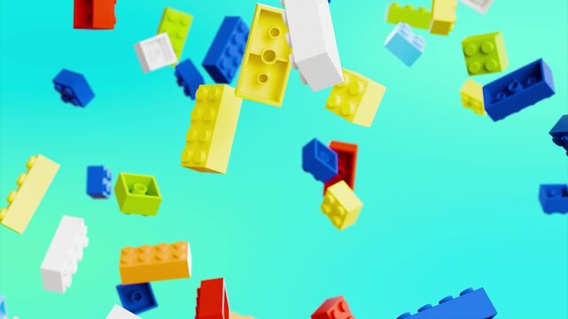 Falling colorful toy bricks on mint blue gradient background, seamless slow motion loop