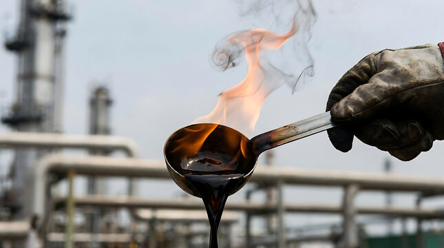 A gloved hand holds a flaming laboratory spoon with oil over an industrial facility.
