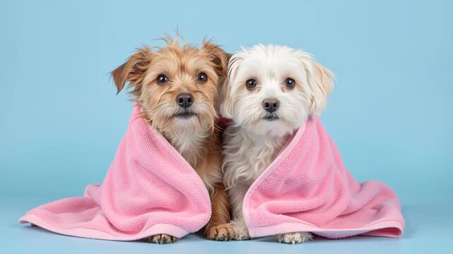 Two small dogs wrapped in a pink blanket sitting together. Brown terrier and white maltese on a blue background. Cute pets and friendship concept. Studio portrait of cozy puppies