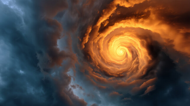 Fiery spiral storm clouds with glowing vortex in dramatic sky, powerful atmospheric background, swirling cloud formation, intense weather concept, abstract celestial turbulence, ep