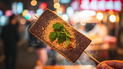 Fragrant Street Food Delight: A close-up shot of a savory street food delicacy, held on a wooden skewer, adorned with herbs and spices.