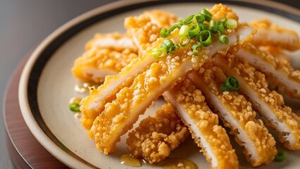 Golden Crispy Fried Chicken: A delectable close-up of perfectly cooked crispy fried chicken, sliced and artfully arranged on a ceramic plate, appetizing aroma and inviting texture.