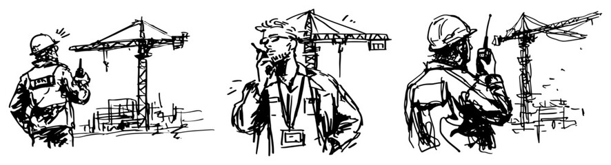 Fototapeta premium Construction site workers communicating via handheld radios near industrial cranes in hand drawn sketch style