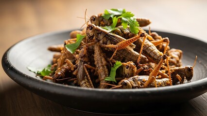 Exotic Edible Crickets: A culinary marvel featuring a plate of perfectly prepared crickets, garnished with fresh cilantro, a testament to culinary innovation and a celebration of unique flavors.