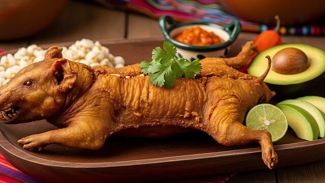 Cuy Culinary Delight: A delectable culinary creation featuring a golden-brown roasted cuy, artfully presented alongside fresh accompaniments like avocado, salsa, and garnish, all on a wooden platter.