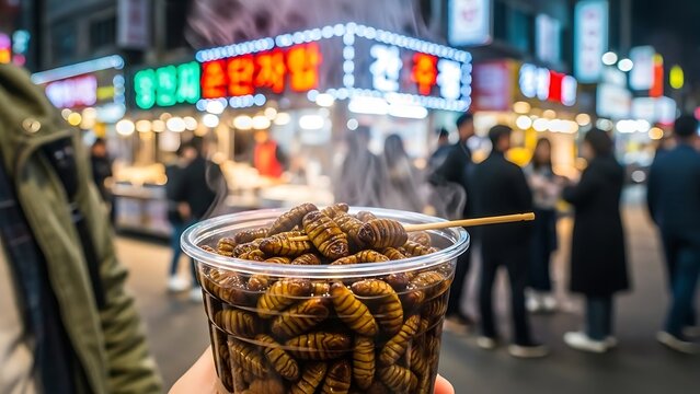 Silkworm Pupae Street Food: A close-up view of a hand holding a clear plastic cup filled with steaming silkworm pupae on a bustling street, capturing the essence of unique culinary culture.